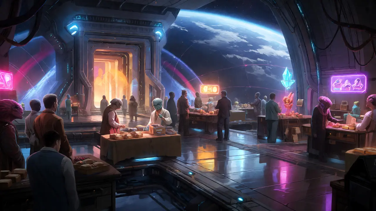 Interstellar trade hub with merchants exchanging data crystals