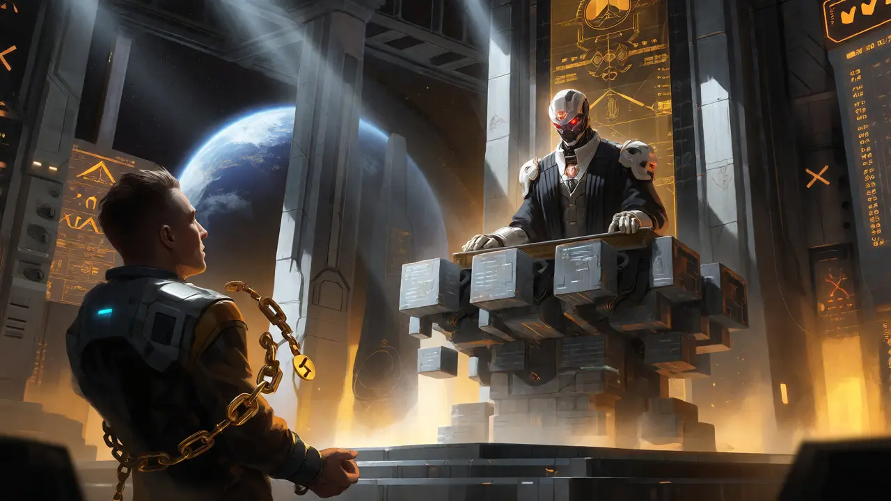 Robotic judge sentencing a bound marketer in a sci-fi space courtroom.
