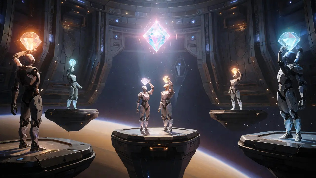 Robotic miners bidding with glowing orbs for a diamond artifact
