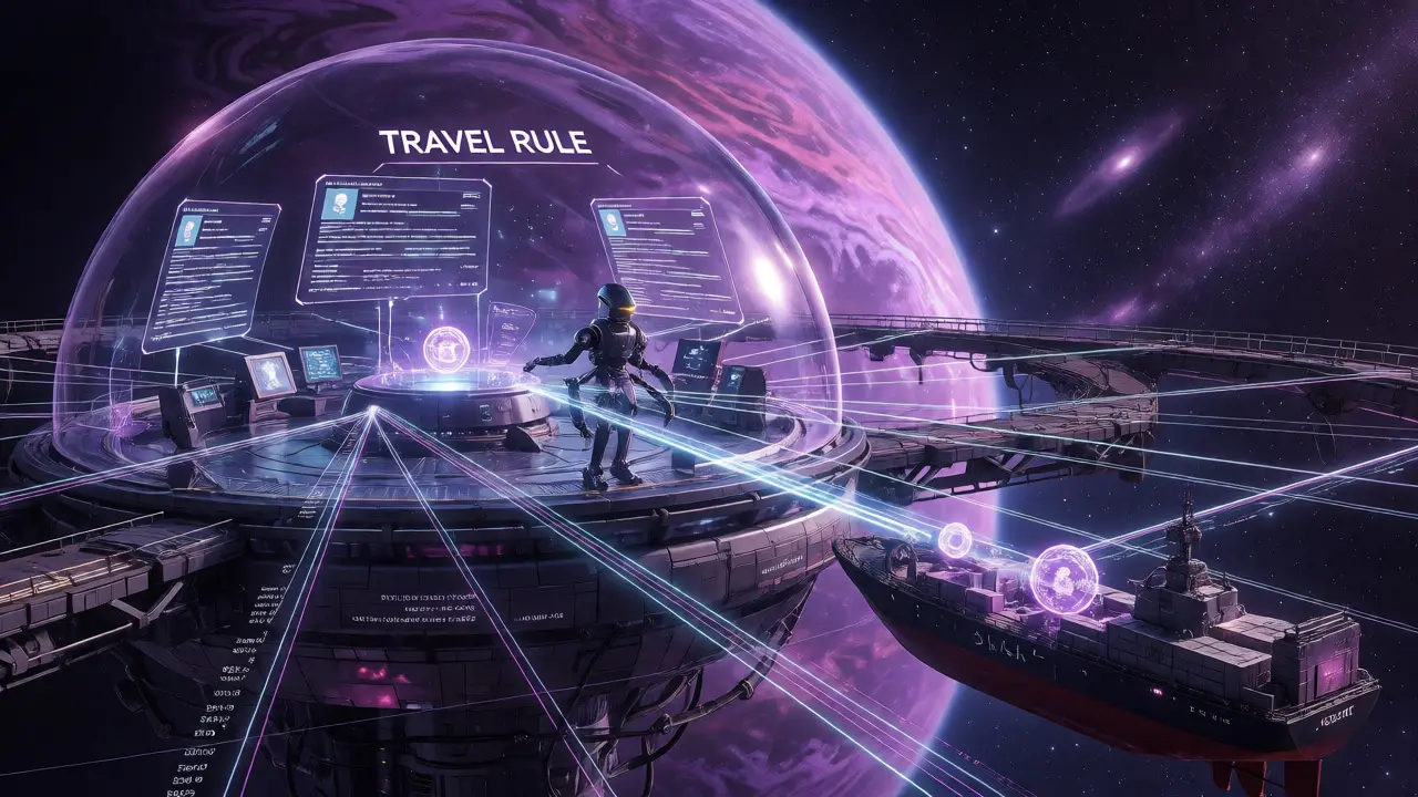 Robotic sentinel verifying holographic identity data at an orbital inspection station.