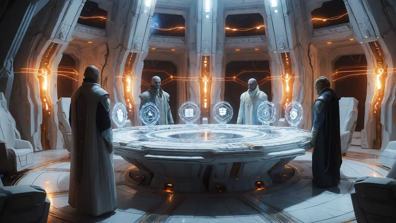Sci-fi council chamber with four regulators overseeing crypto laws