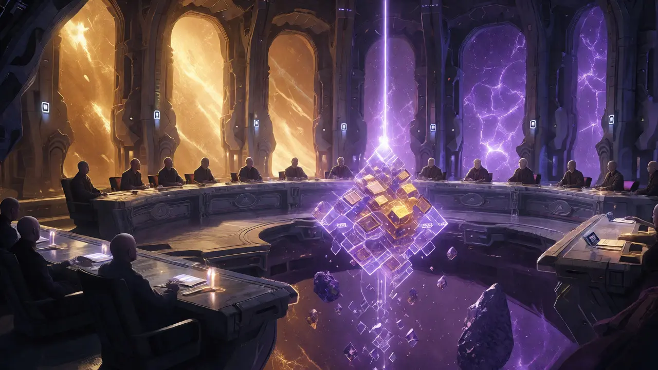 Sci-fi council chamber with SEC and CFTC figures debating near a glowing artifact