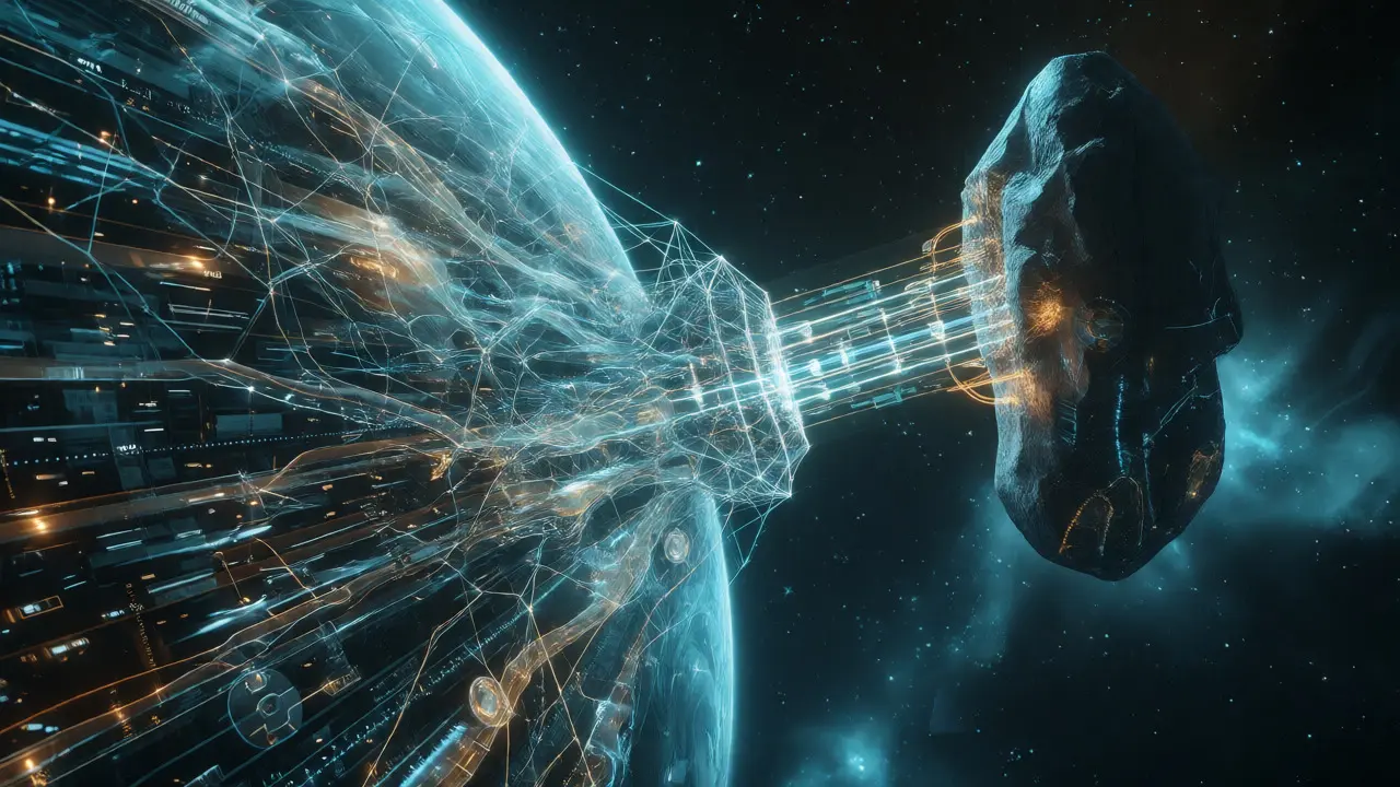 Sci-fi network mesh connecting planets