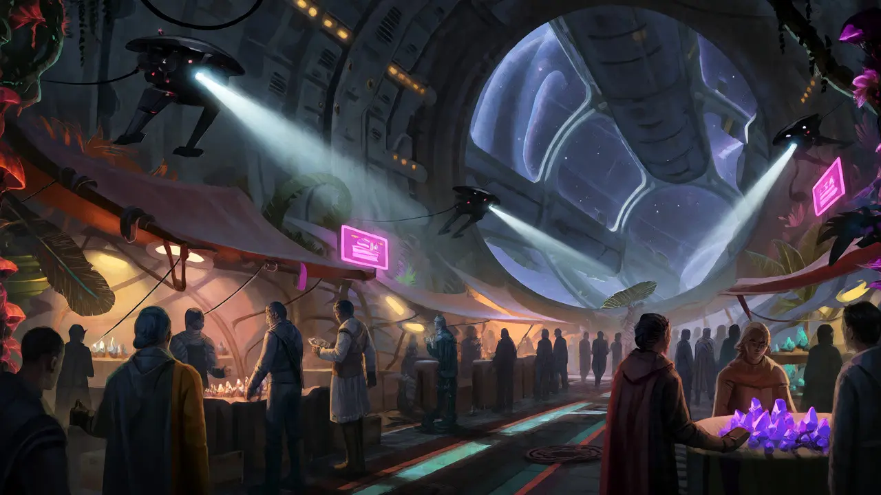 Secret crypto trading in a crowded sci-fi underground market with patrol drones.