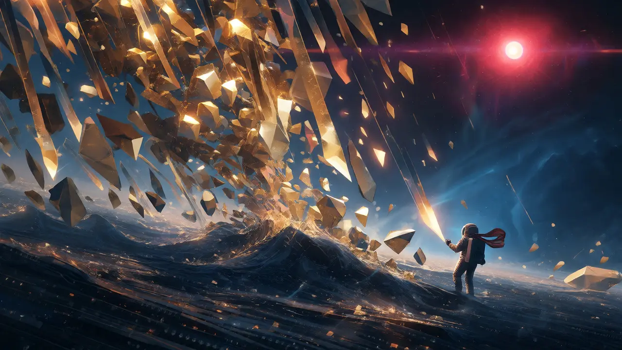 Shattering golden crystal structure falling into data streams, symbolizing token price decline.