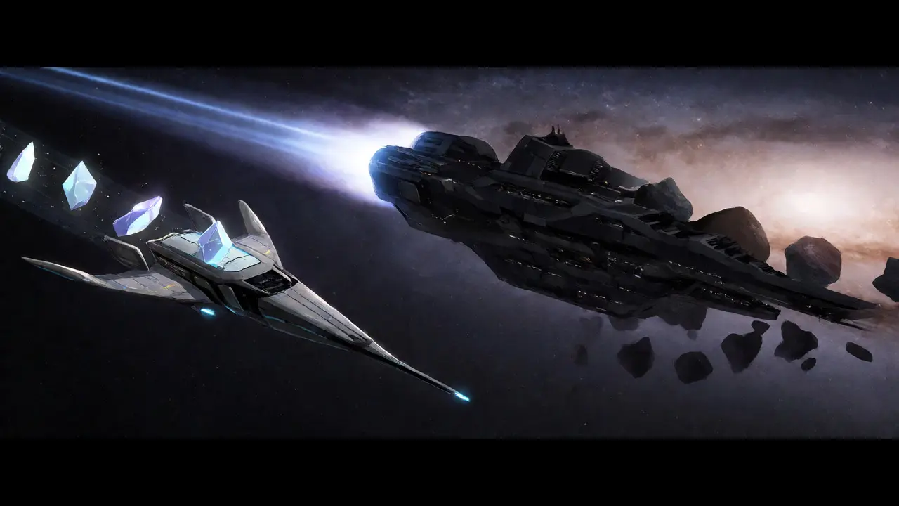 Sleek starfighter on a clear path vs bulky ship in rough space