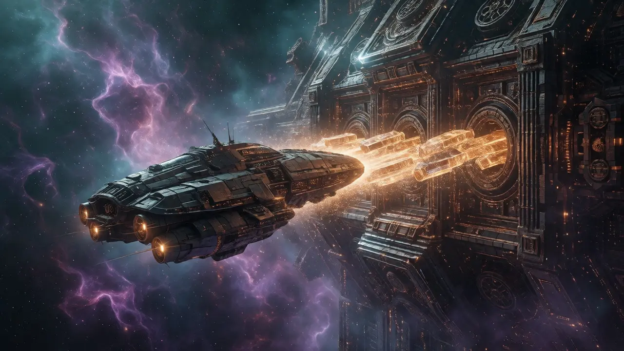 Spaceship delivering golden energy converted to crystals at a space bank