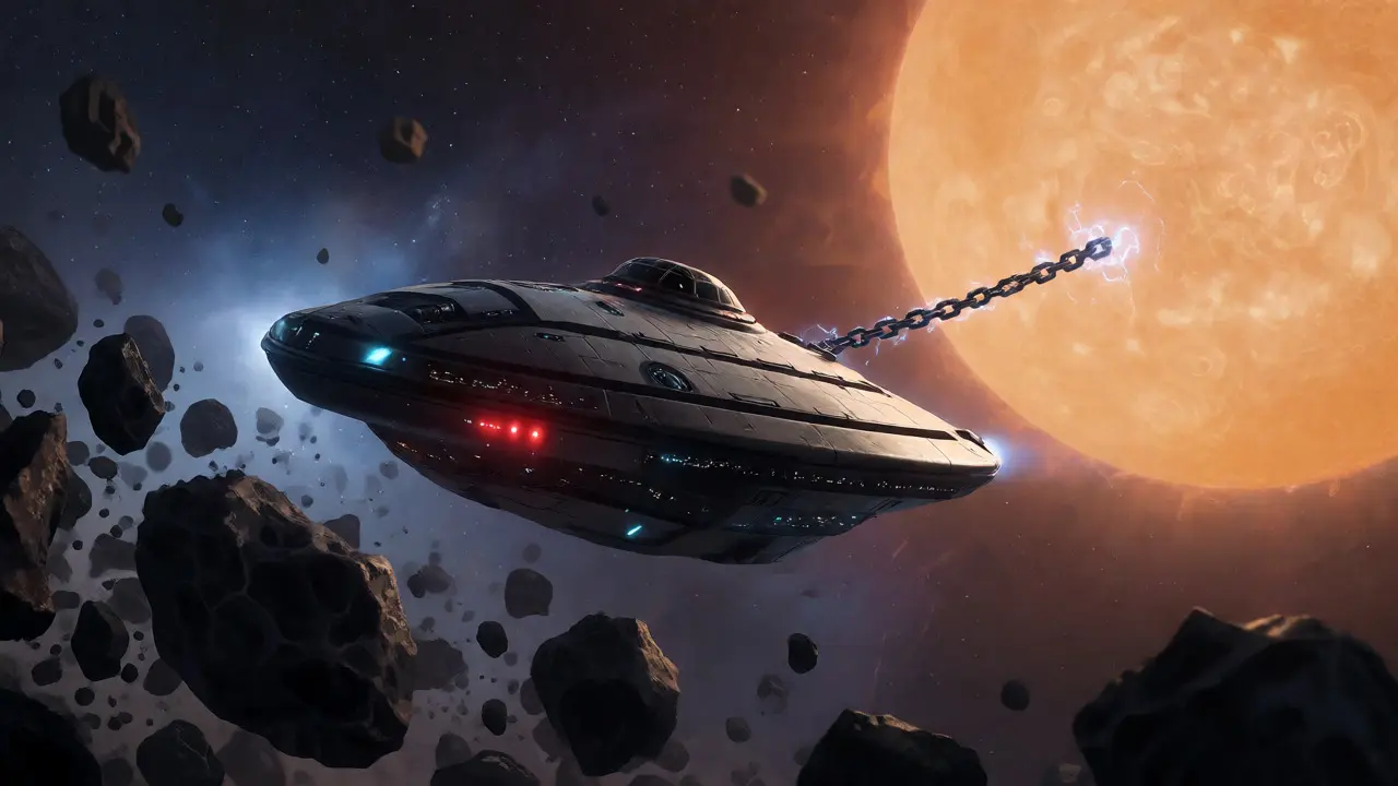 Spaceship navigating an asteroid belt with automated drones approaching for liquidation.