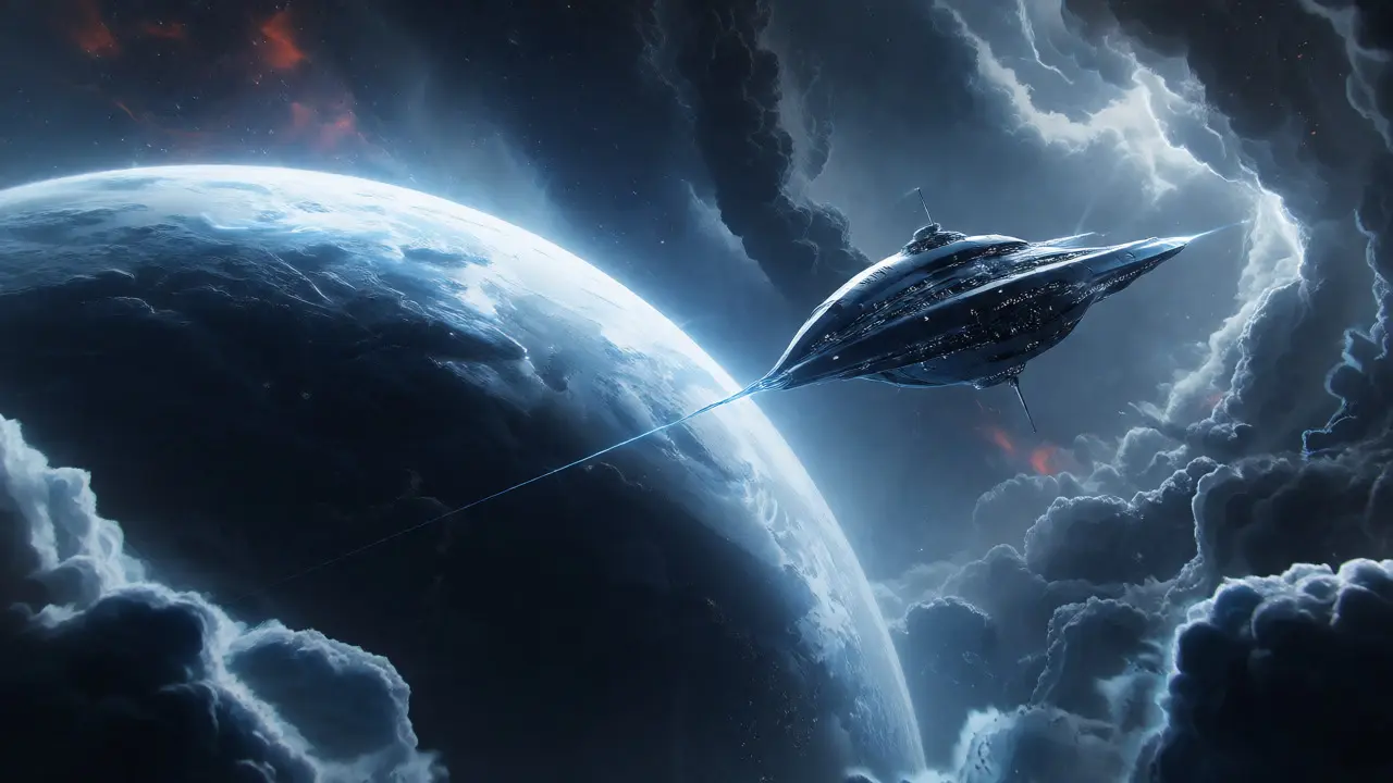 Spaceship tethered to a planet amidst cosmic storms