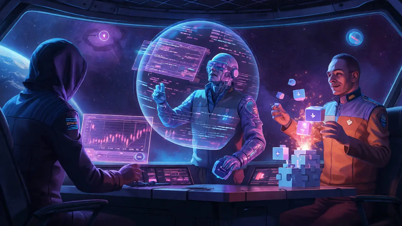 Three figures on a space station representing investor, operator, and developer roles.