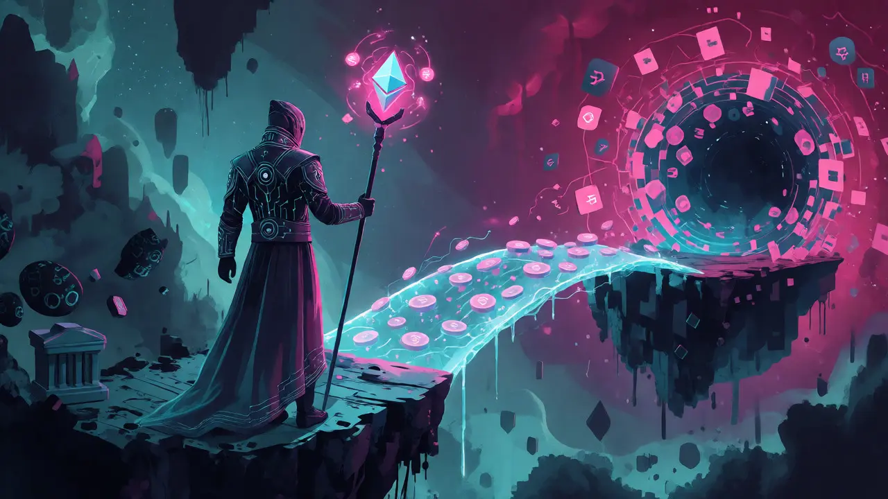 Trader on a light bridge transferring energy between a bank vault and a blockchain portal.