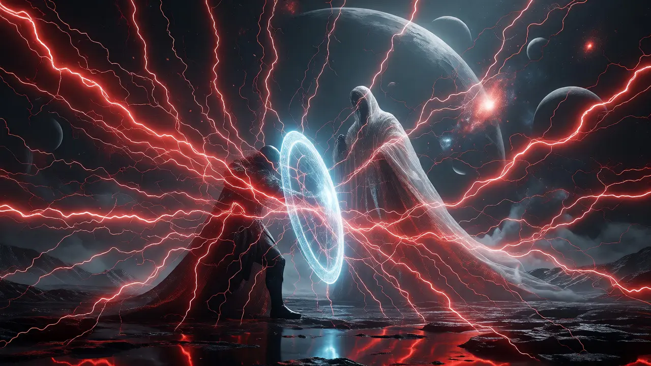 Warrior shielding against red volatility storms with a blue energy barrier